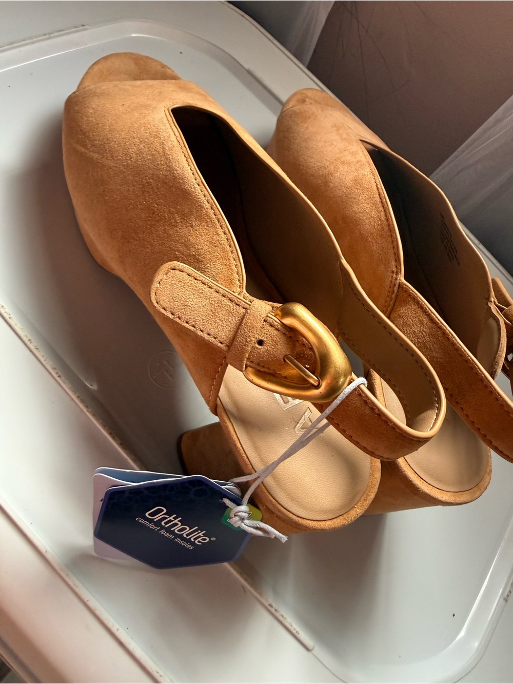AEROSOLES Tan Suede Slingback Heels with Gold Buckle